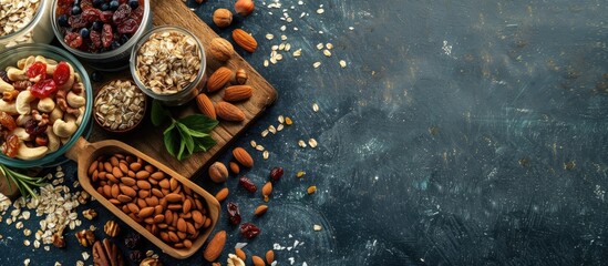 bar with homemade cereals, nuts and dried fruits on a wooden board with ingredients scattered nearby with hard shadows. taken with a natural light source. Copy space image