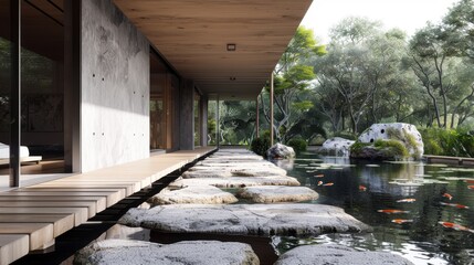 Stone pathway beside a koi pond, wooden beams supporting minimalist decor, creating a peaceful retreat, side view, modern zen living, scifi tone, Triadic Color Scheme