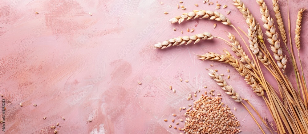 Poster Spelt. Grains of Emmer (Triticum) wheat. Organic healthy vegetarian food. pastel background. Copy space image. Place for adding text and design