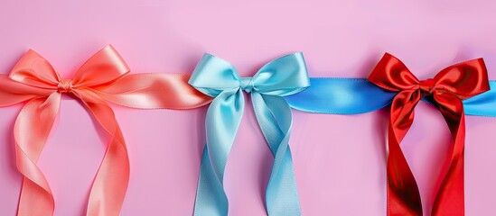 Set of beautiful satin red ribbon bow with ribbons Isolated on pastel background. Copy space image. Place for adding text and design