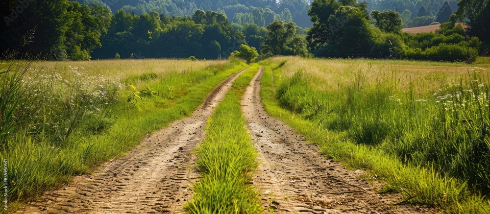 Poster Dirt roadside view with the meadow. Copy space image. Place for adding text and design