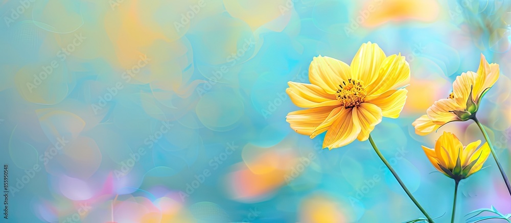 Wall mural isolated yellow cosmos flower in nature pastel background. Copy space image. Place for adding text and design