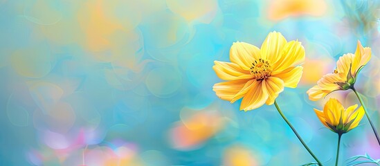 isolated yellow cosmos flower in nature pastel background. Copy space image. Place for adding text and design
