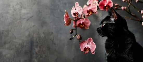 Cat and pink orchids on background. Modern interior. Black domestic pet. Decorative blossoming...