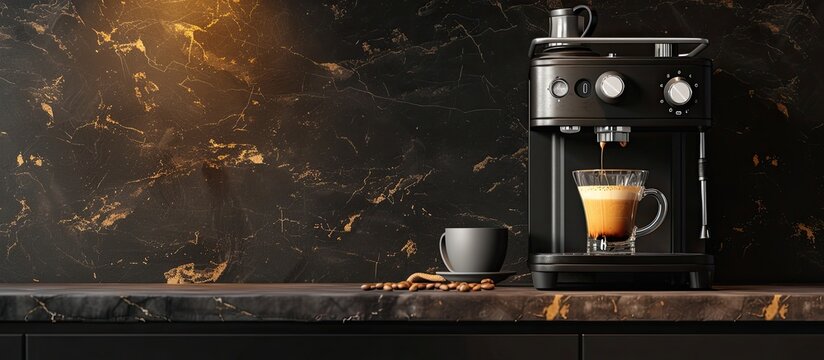 coffee machine and holder with coffee, freshly brewed coffee. Copy space image. Place for adding text and design