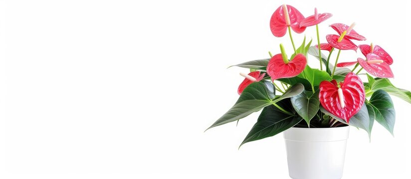 House plant Anthurium in white flowerpot isolated on white background Anthurium is heart - shaped flower Flamingo flowers or Anthurium andraeanum (Araceae or Arum) symbolize hospitality