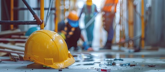 First aid support accident at work of construction worker at site. Builder accident falls scaffolding on floor, Safety team helps employee accident. Copy space image. Place for adding text or design