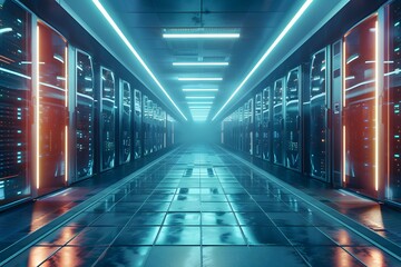 Fototapeta premium A corridor filled with server racks and lighting