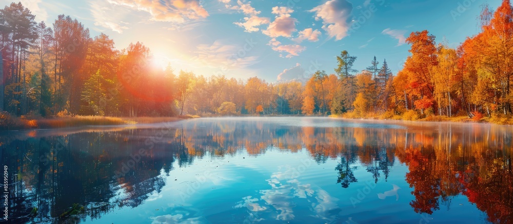 Sticker lake reflecting sky in autumn landscape. copy space image. place for adding text or design