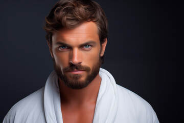 Fototapeta premium Blue-eyed, bearded Caucasian man with white bathrobe on gray background..Meditation, yoga, spa, and body wellness. Mental health care. Facial treatment. Sauna and relaxation