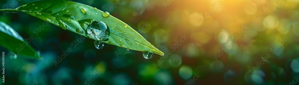 Poster Crystal clear water drop hanging from green leaf in forest backdrop