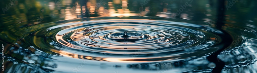 Poster concentric circles of water drops reflecting the calm sky in a pond