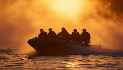 silhouette of underwater commando team advancing on boat in foggy sunrise.