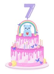Illustration. Cake for a girl. Birthday. Teddy bear, rainbow and butterflies. 7 years