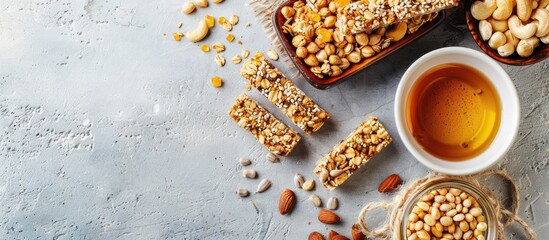 Vegetarian sweets. Granola bars made of sesame seeds, peanuts, cashew nuts, sunflowers seeds, oil and honey. Copy space image. Place for adding text or design