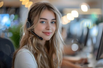 Woman blonde headset computer office