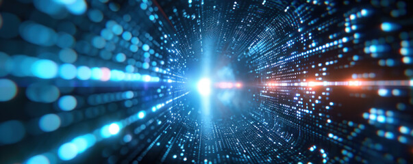 Naklejka premium A blue and orange light is shining through a tunnel of dots. The light is bright and the dots are small and scattered