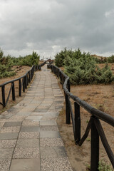 Fototapeta premium A stone pathway with wooden railings leading to the distant beach under a cloudy sky.
