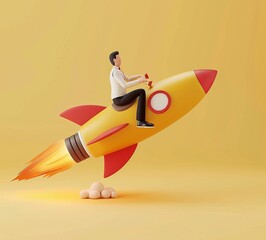 Three-dimensional illustration of Billy the businessman riding on the rocket. Concept of starting a new business, launching a new company.