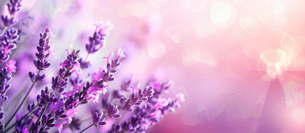 Sticker Beautiful blooming lavender closeup. Summer. pastel background. Copy space image. Place for adding text and design