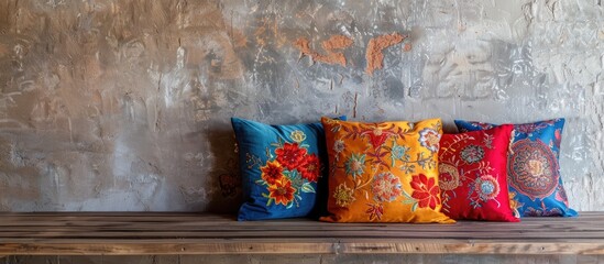 carved wood design pillows embroidered with fluorescent colors in front of the wall oriental corner turkish coffee presentation. Copy space image. Place for adding text or design