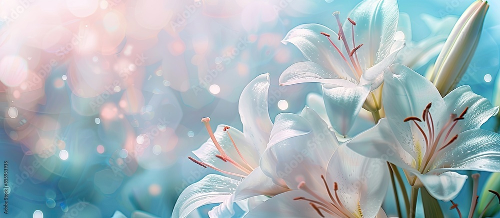 Wall mural nature flower background. flowering white lilies on pastel background. blue toned. horizontal banner