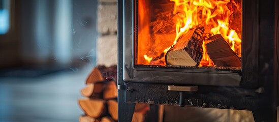 firewood burning in a stove. Copy space image. Place for adding text and design