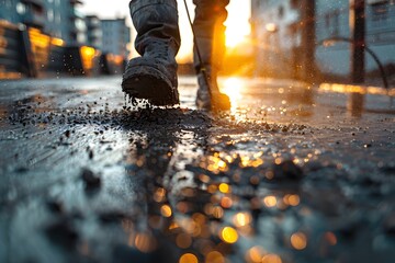 Obraz premium Person strides wet city pavement at dusk
