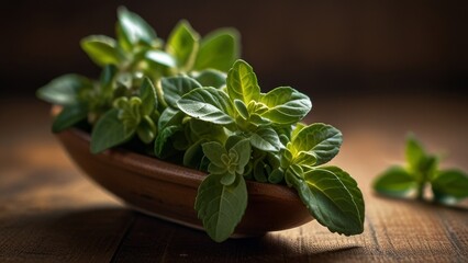 Fresh oregano leaves in a wooden bowl