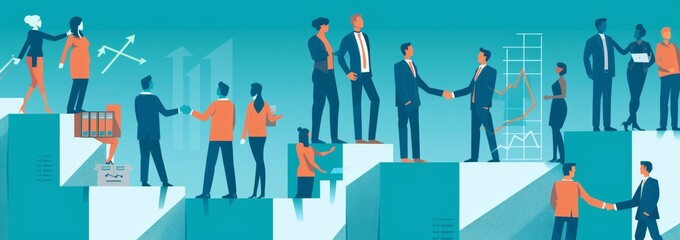 Various businesspeople working together on an idea. Competition, brainwash, quick reaction and respond on demand. Illustration of a business concept.