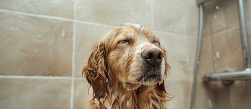 wet golden retriver dog in the bathroom under the shower in grooming salon. Pet grooming concept. Copy space image. Place for adding text or design