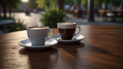 Obraz premium Steaming Coffee Cups in Outdoor Cafe