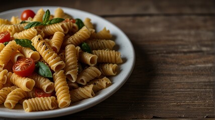 Rotini pasta with cherry tomatoes and basil
