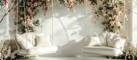 Beautiful decor of a swing of flowers, beautiful two armchairs for a photo. It's a beautiful room with flowers. Copy space image. Place for adding text or design