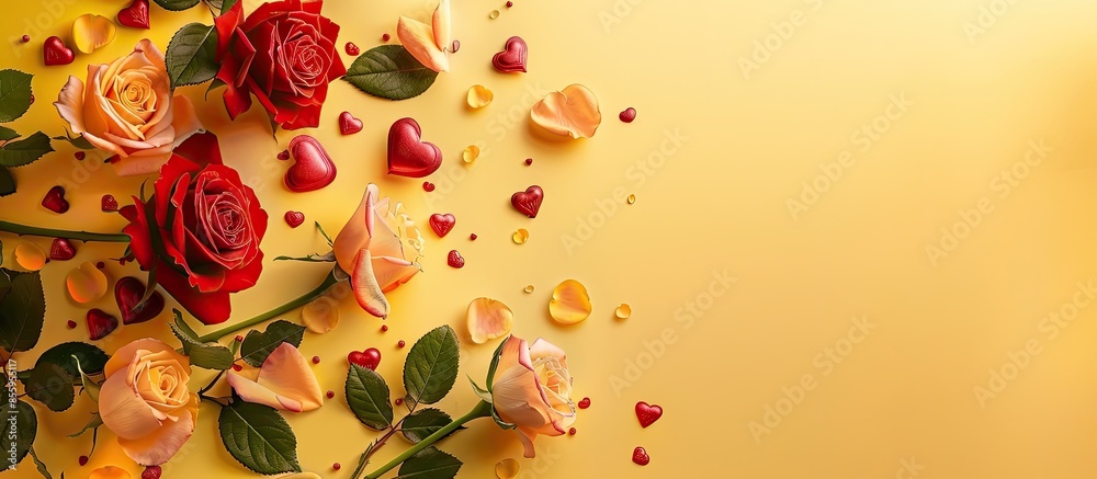 Poster Greeting composition with roses and hearts on yello background. pastel background. Copy space image. Place for adding text and design