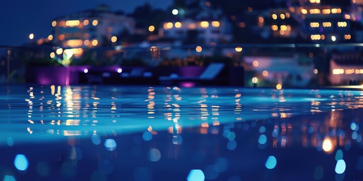 Luxury resort pool at night with illuminated buildings in backgr