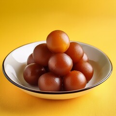 Indian traditional special sweet food gulab jamun on yellow background