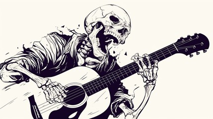 Illustration of a skeleton passionately playing an acoustic guitar, blending music with dark art in a unique and striking style.