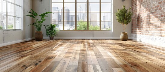 Carpenter installing laminate flooring in room. Copy space image. Place for adding text and design