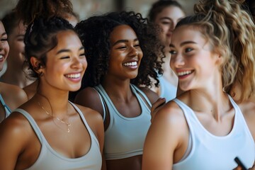 Fototapeta premium Group of smiling women in white shirts posing for photo