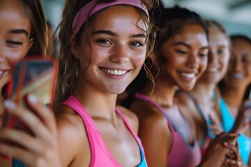 Fototapeta premium Multiple females in pink and blue swimwear capturing an image