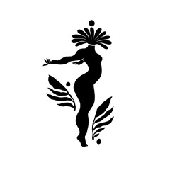 Woman with Flowers linocut Drawing. Female Figure Minimalist Illustration. Modern Trendy Line Art Drawing for Beauty Logo, Wall Decor, Fashion Minimal Print, Poster, Social Media. 