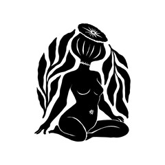 Woman with Flowers linocut Drawing. Female Figure Minimalist Illustration. Modern Trendy Line Art Drawing for Beauty Logo, Wall Decor, Fashion Minimal Print, Poster, Social Media. 