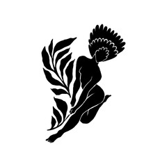 Woman with Flowers linocut Drawing. Female Figure Minimalist Illustration. Modern Trendy Line Art Drawing for Beauty Logo, Wall Decor, Fashion Minimal Print, Poster, Social Media. 