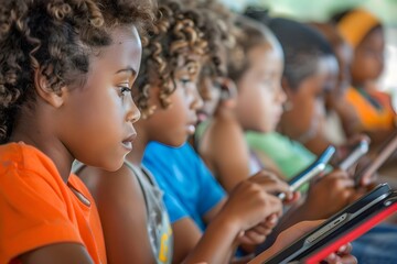 A group of children are sitting in a circle and using their cell phones. Scene is casual and relaxed, as the children are engaged in their devices