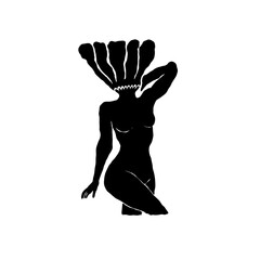 Woman with Flowers linocut Drawing. Female Figure Minimalist Illustration. Modern Trendy Line Art Drawing for Beauty Logo, Wall Decor, Fashion Minimal Print, Poster, Social Media. 