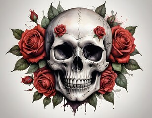 Human Skull Adorned with Red Roses