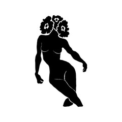 Woman with Flowers linocut Drawing. Female Figure Minimalist Illustration. Modern Trendy Line Art Drawing for Beauty Logo, Wall Decor, Fashion Minimal Print, Poster, Social Media. 