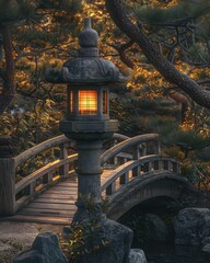 Fototapeta premium Stone lantern by a wooden bridge in a Japanese garden