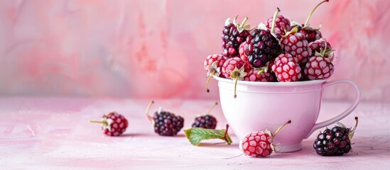 Full mulberry fruit on cup fall down on whtie pastel background. Copy space image. Place for adding text and design